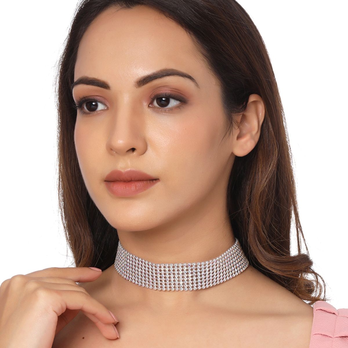 Buy Yellow Chimes Silver Plated Statement Crystal Studded Choker