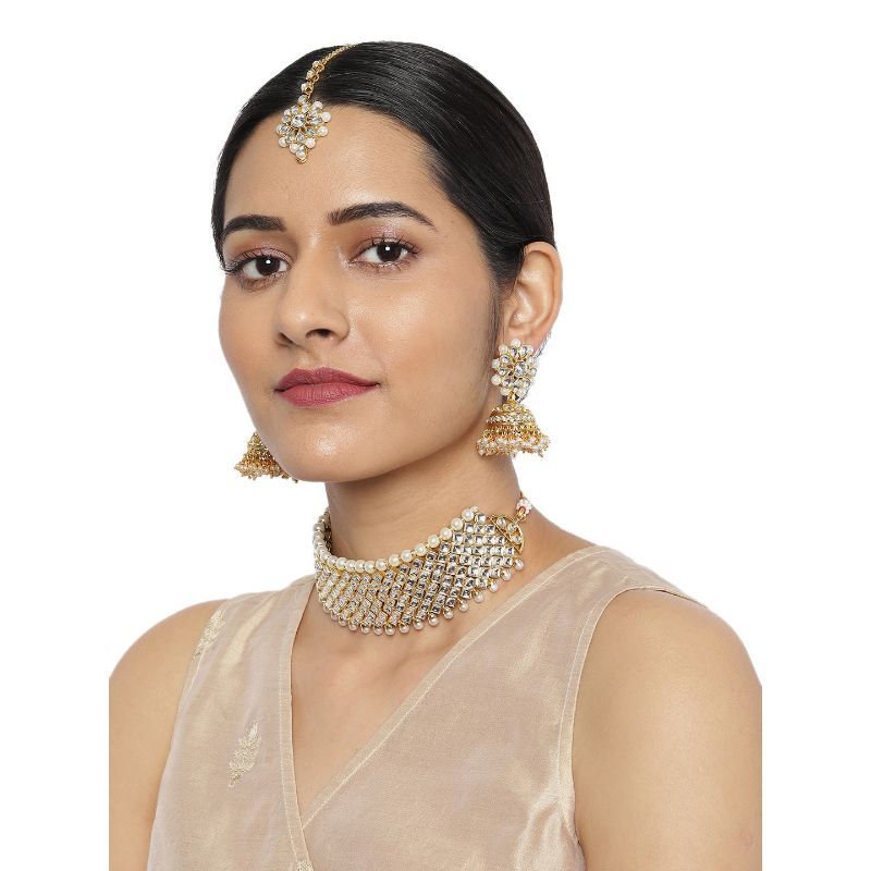 Zaveri Pearls Gold Tone Kundan Pearls Choker Necklace Earring