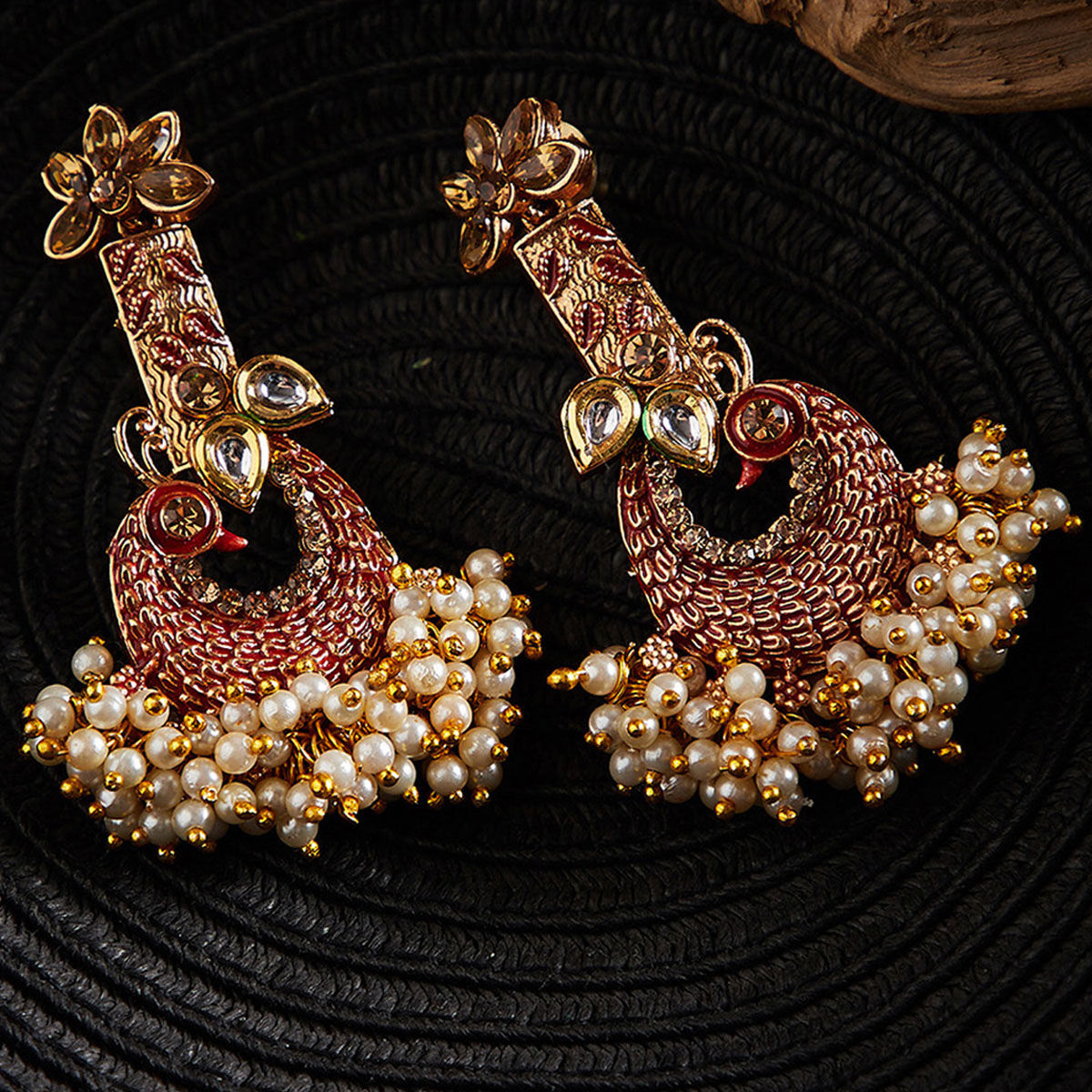 Buy PANASH Gold Plated Red Peacock Shaped Handpainted Drop Earrings Online