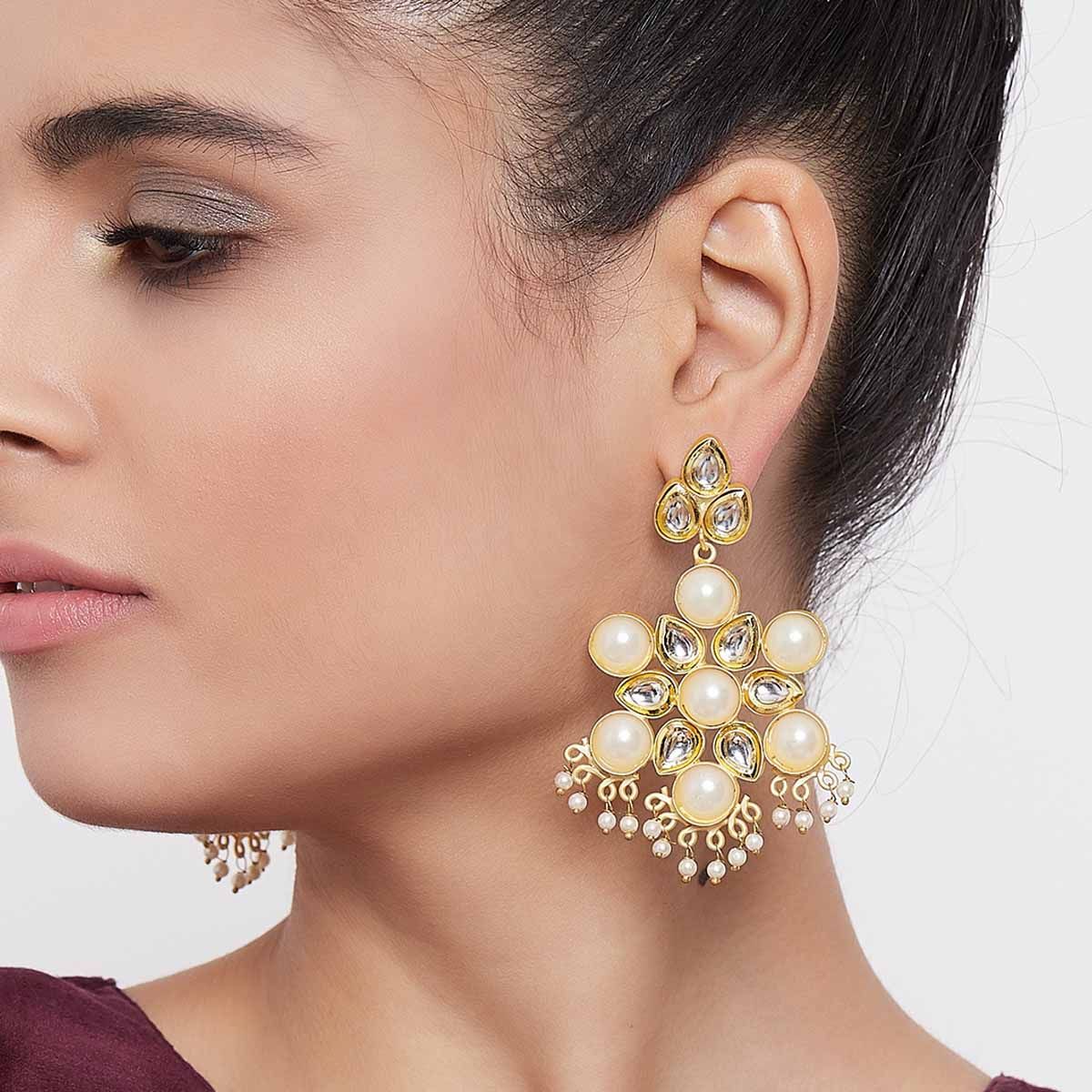 Zerokaata Gold Toned Kundan And Pearl Studded Brass Dangle Earrings