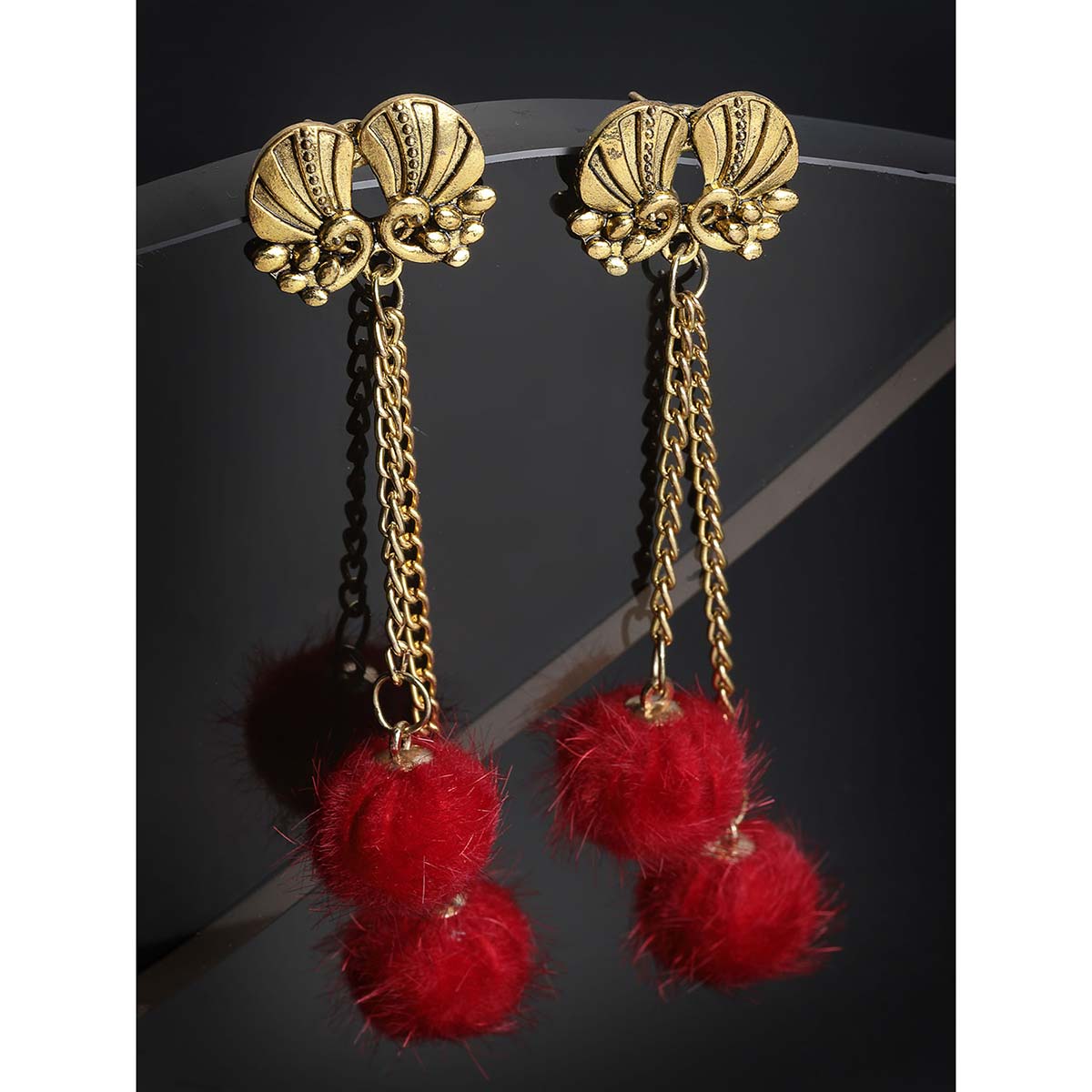 Buy Panash Red Gold Plated Peacock Shaped Pom Pom Drop Earrings Online