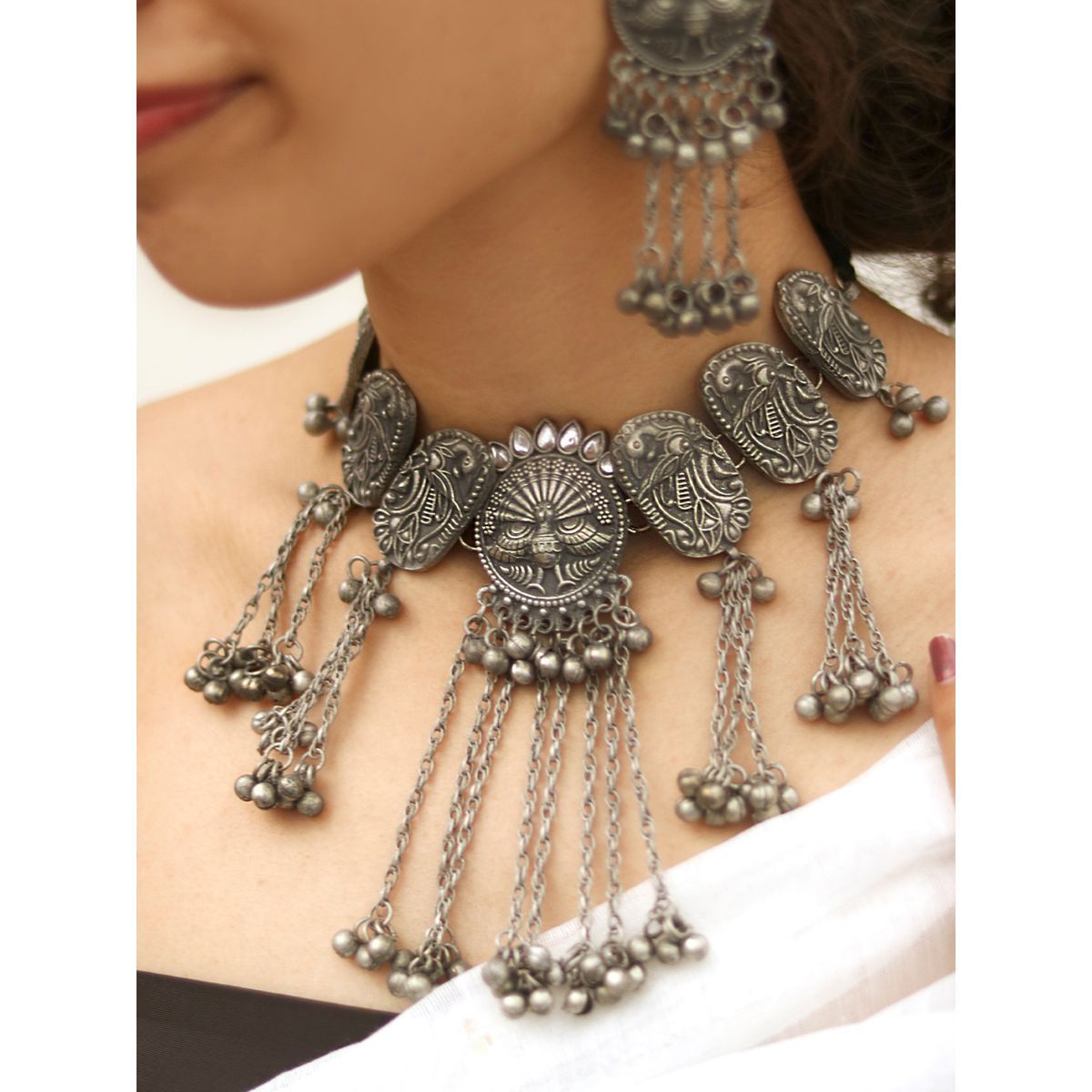 Teejh By Joker And Witch Ridhi Silver Oxidised Choker Necklace Set For