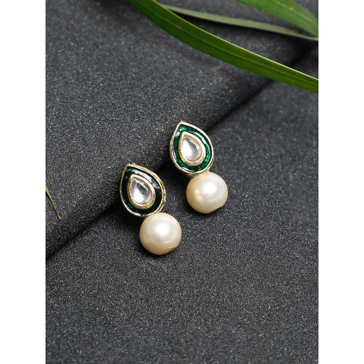 Buy Ruby Raang Studio Gold Toned Green Pearl Teardrop Shaped Studs