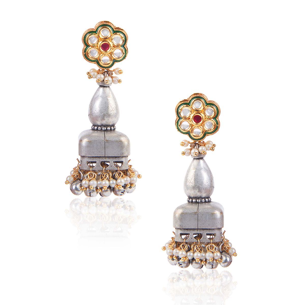 Curio Cottage Aria Floral Kundan And Oxidised Chandbali Earrings Buy