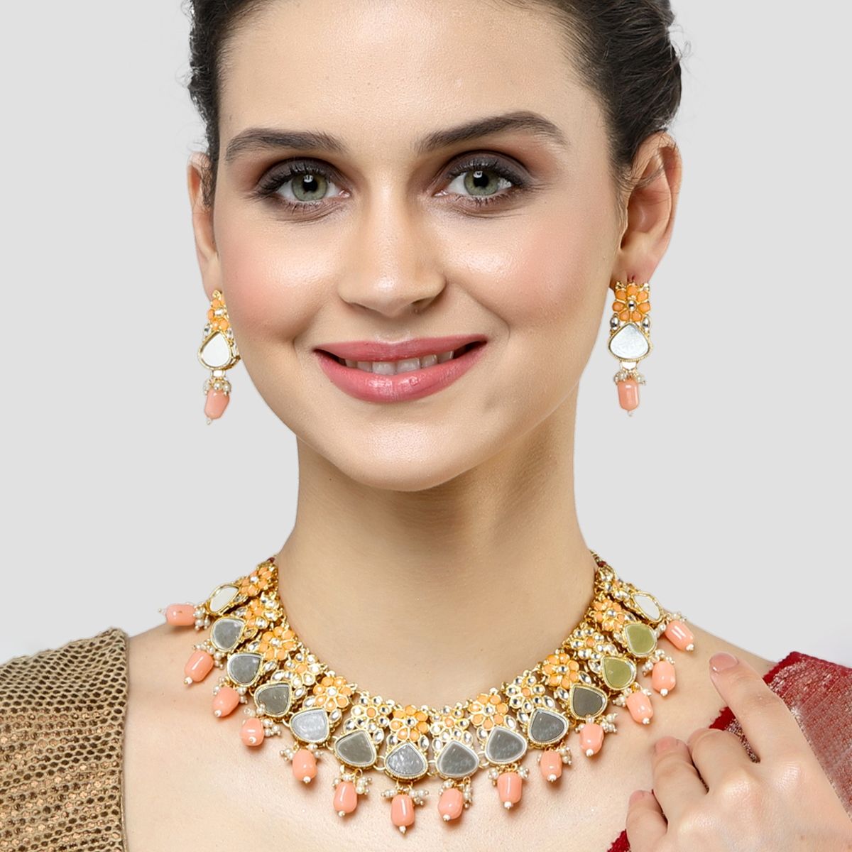 Buy Karatcart Gold Plated Mirror Studded Peach Tumble Kundan Necklace