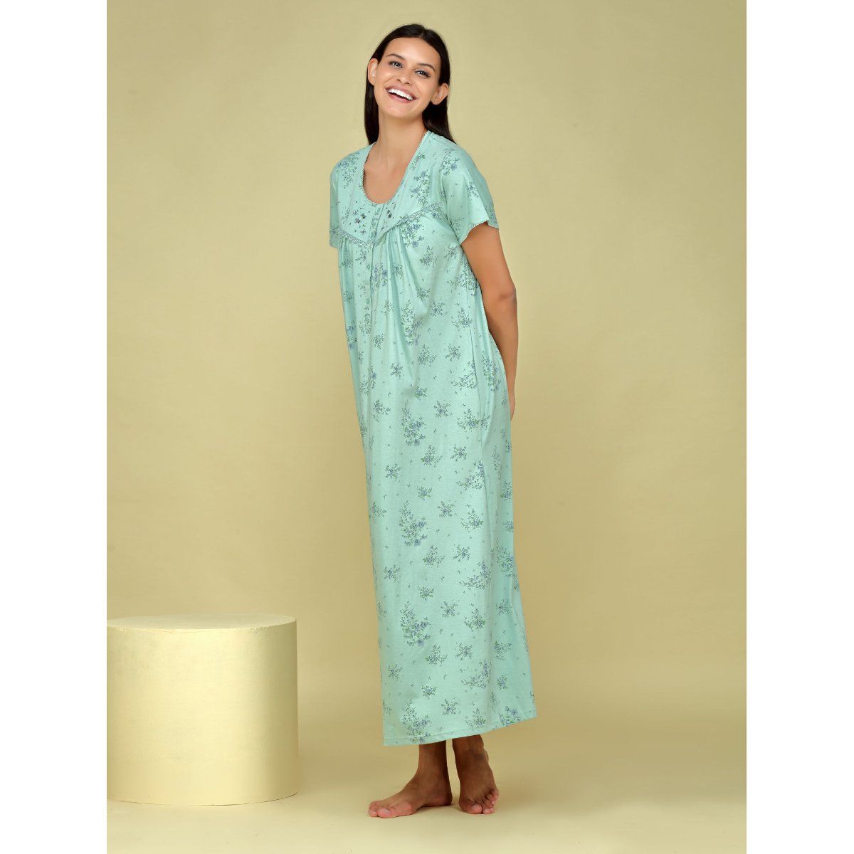 Velure Half Sleeve Nighty Mint With Flower Leaf Print Blue Buy