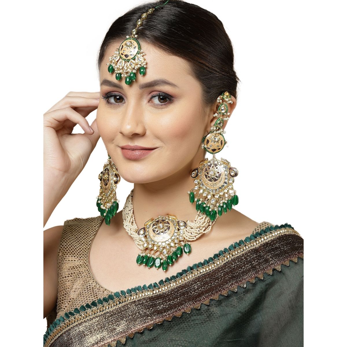 Buy Dugran By Dugristyle Green And Peach Drop Earring With Kundan And