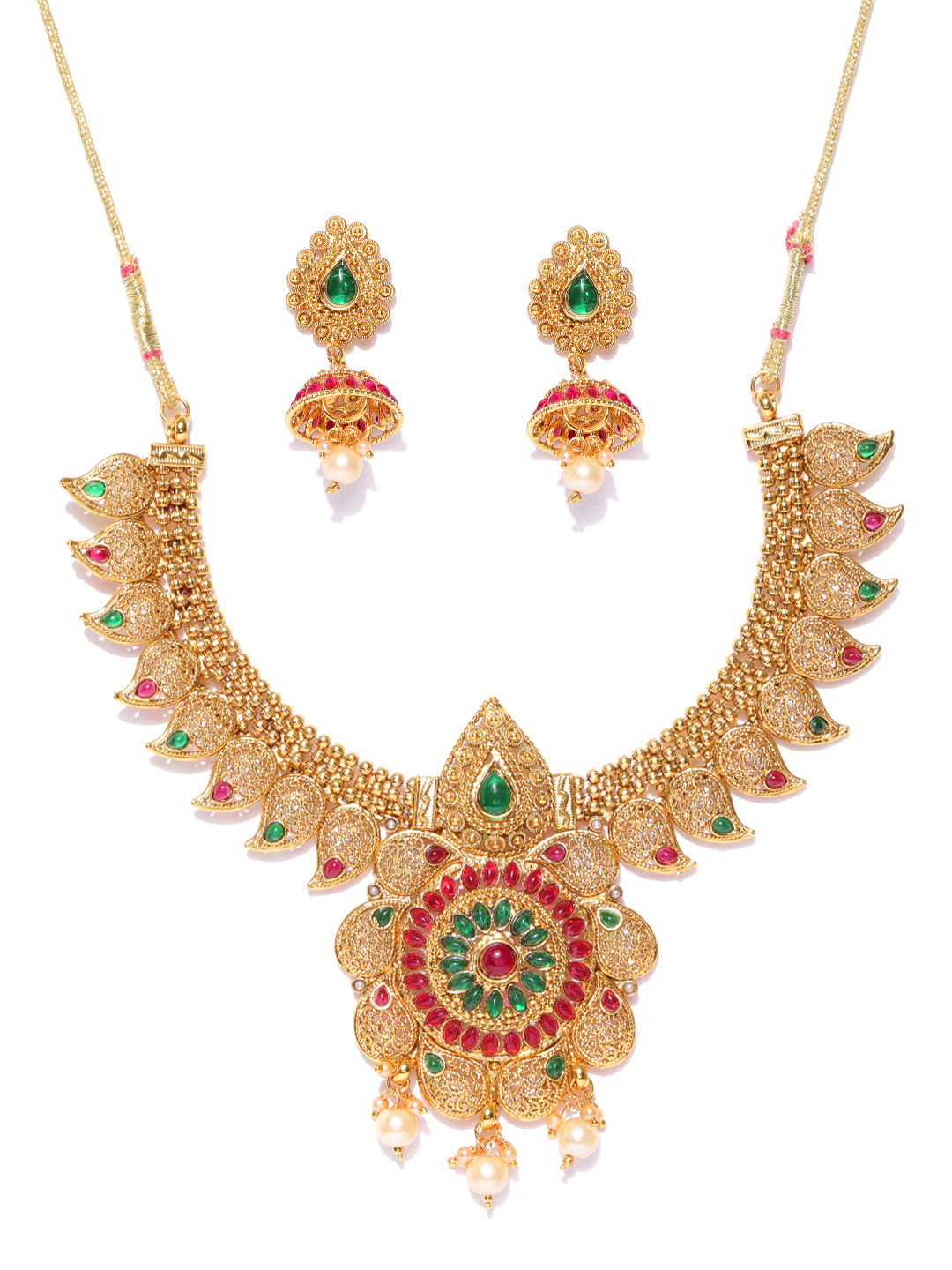 Youbella Red Green Gold Plated Stone Studded Textured Jewellery Set