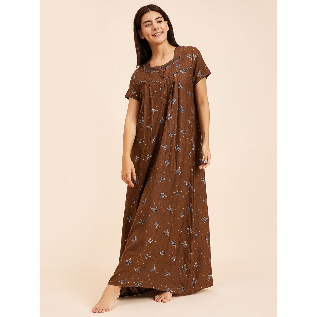 Buy Sweet Dreams Women Printed Half Sleeves Night Gown Khaki Online