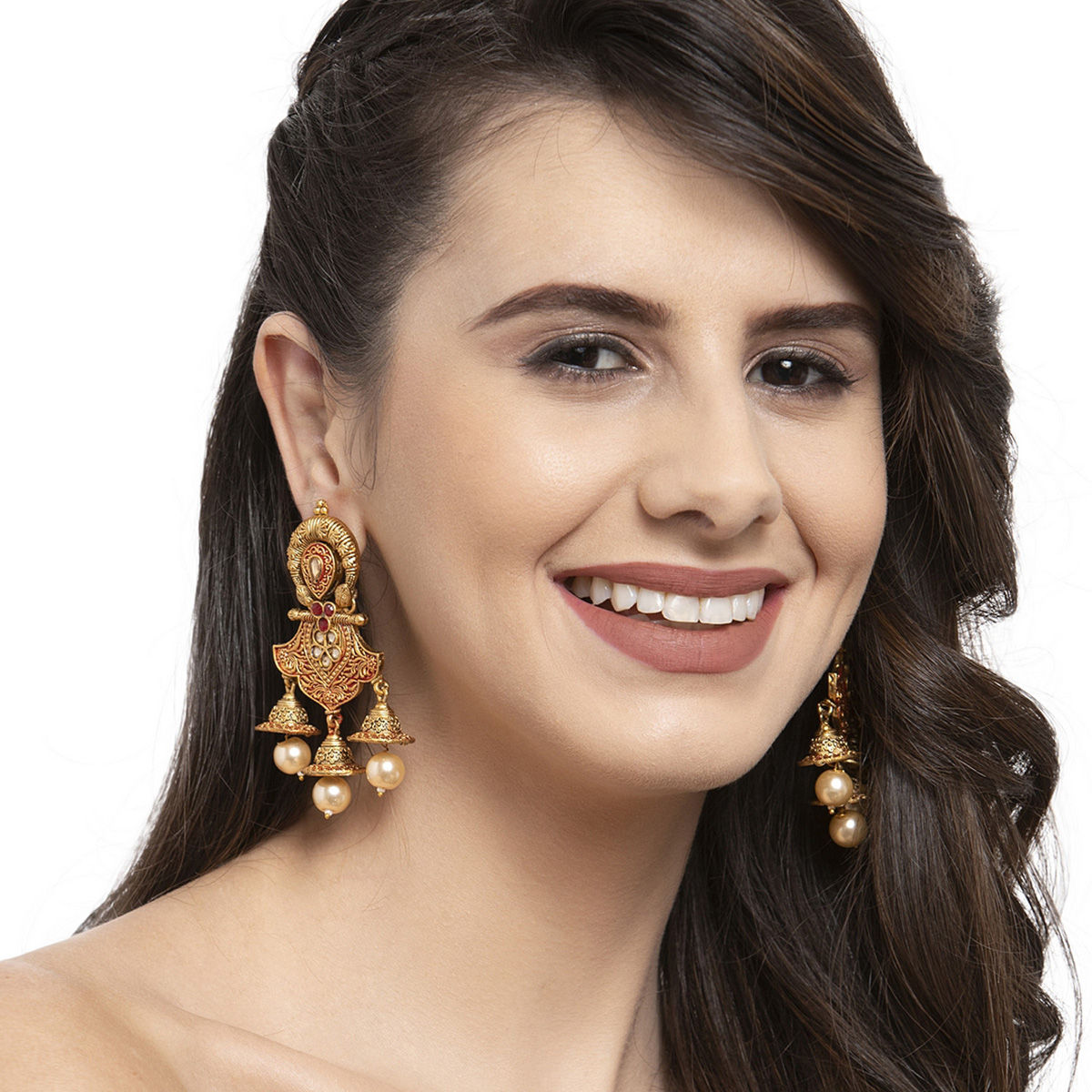 Buy PANASH Gold Toned Red Stoned Studded Dome Shaped Drop Earrings Online