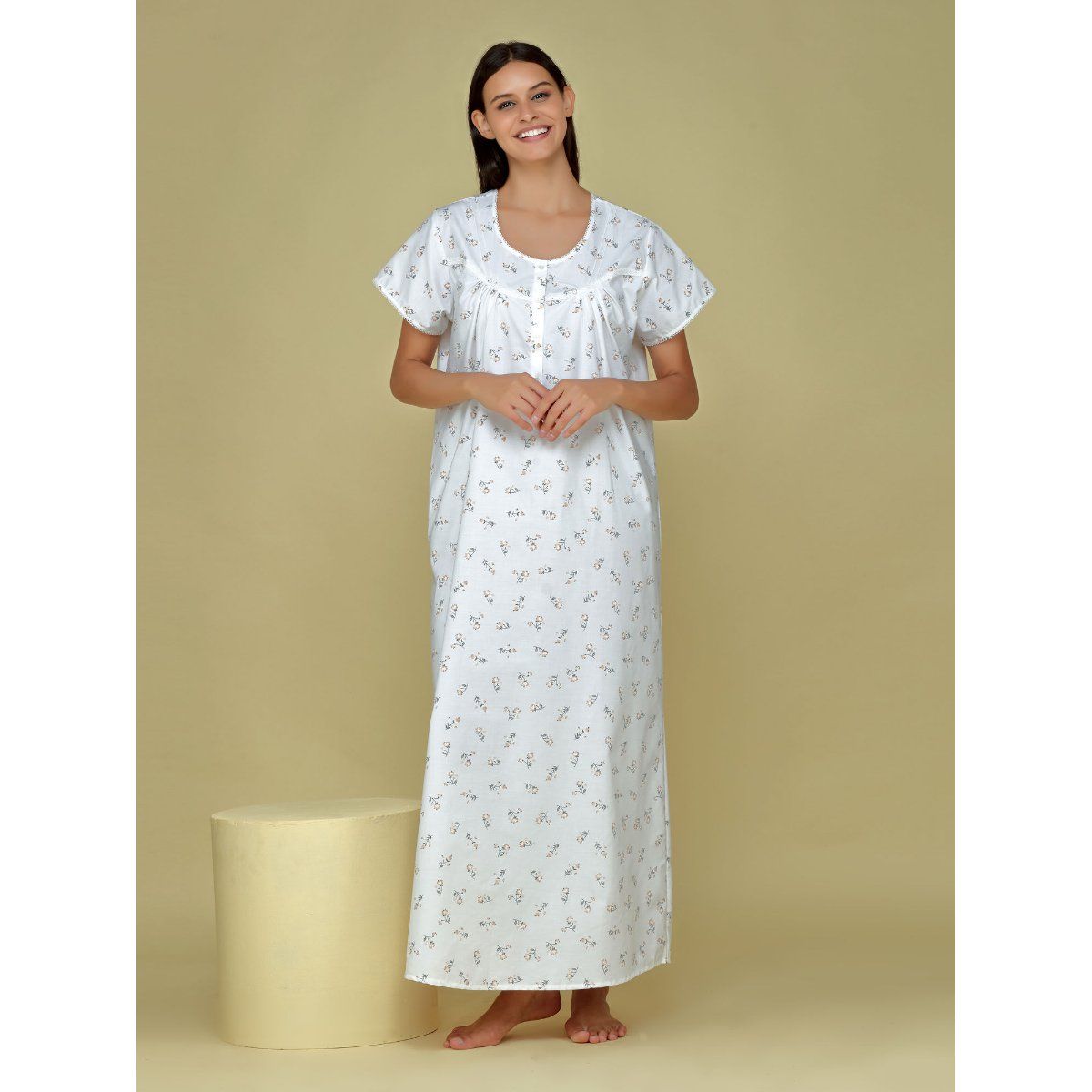 Buy Velure Half Sleeve Nighty With Flower Print White Online