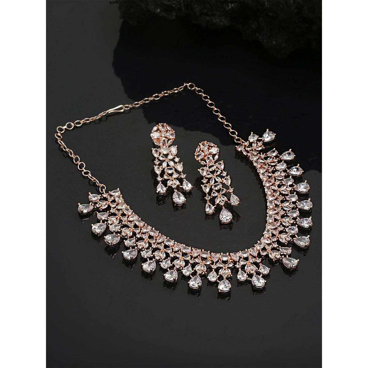 Yellow Chimes Rose Gold Plated And Rose Gold Ad Studded Jewellery Set