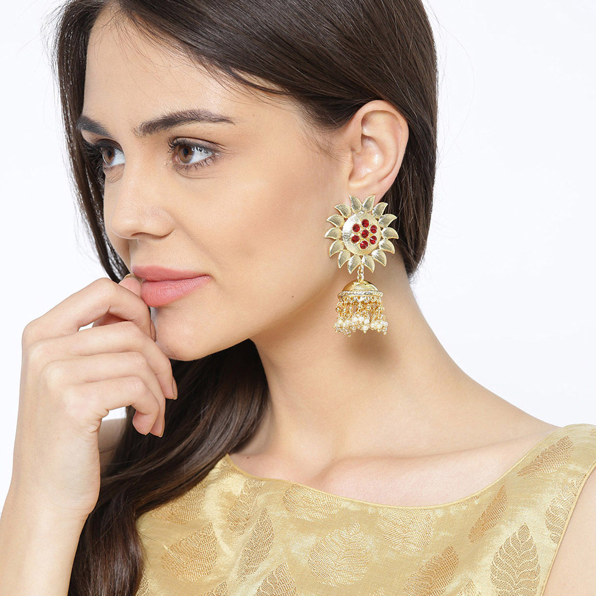 Buy Panash Gold Toned Maroon Dome Shaped Jhumkas Online