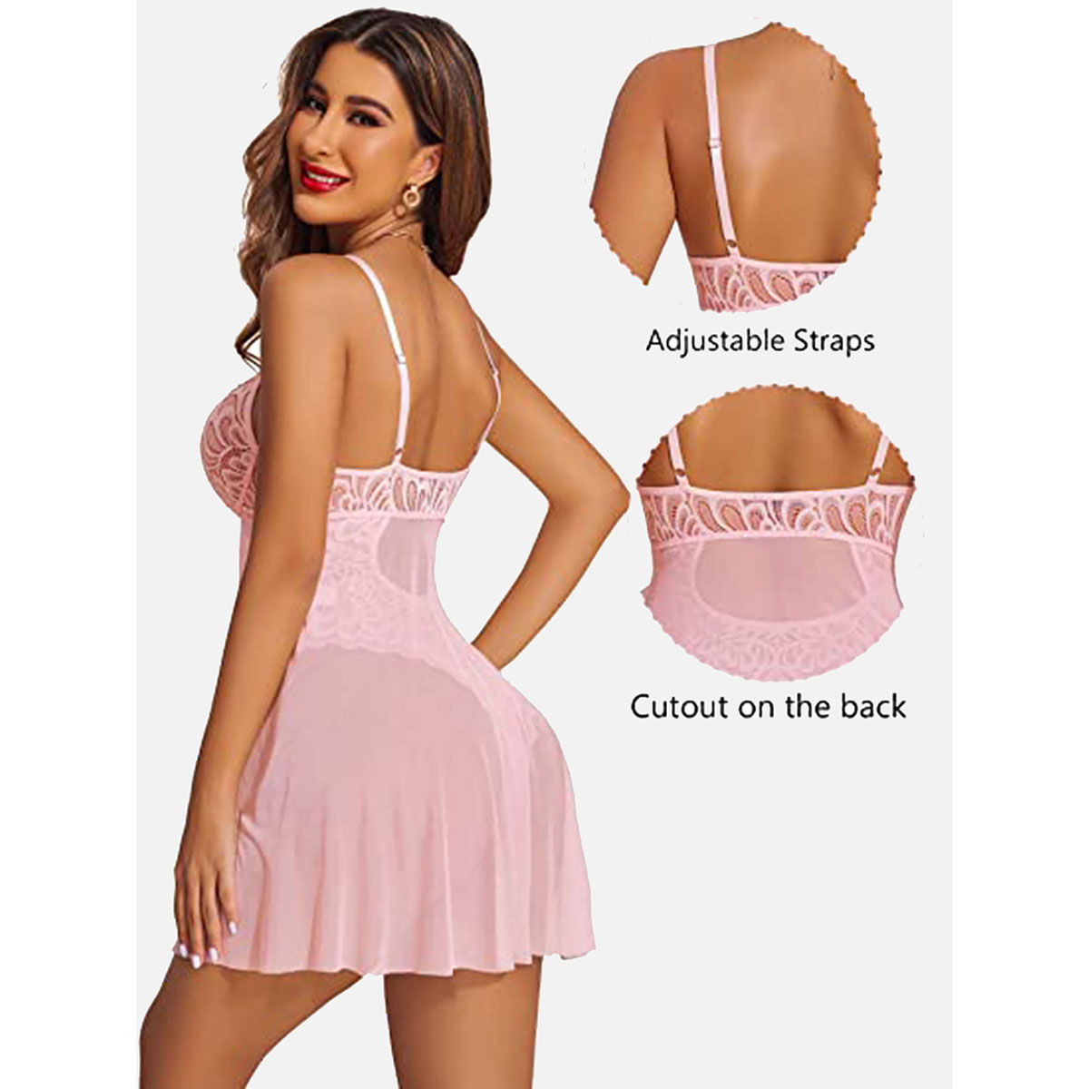 Buy Fims Women Pink Net Floral Lace Babydoll Lingerie Nightwear Dress