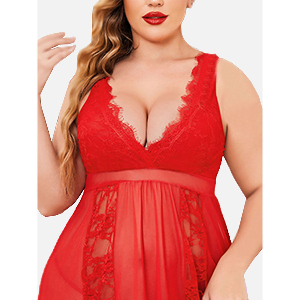 Fims Women Red Net Babydoll Lingerie Nightwear Dress With Thong Set Of