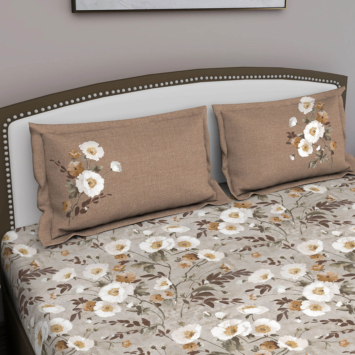 GM Beige Floral 180 Tc Cotton Queen Bedsheet With 2 Pillow Covers Buy