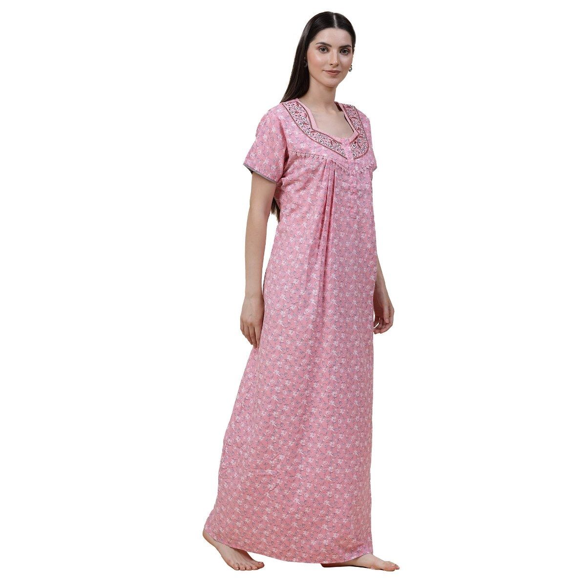 Buy Sweet Dreams Women Floral Print Half Sleeves Maxi Nightdress Pink