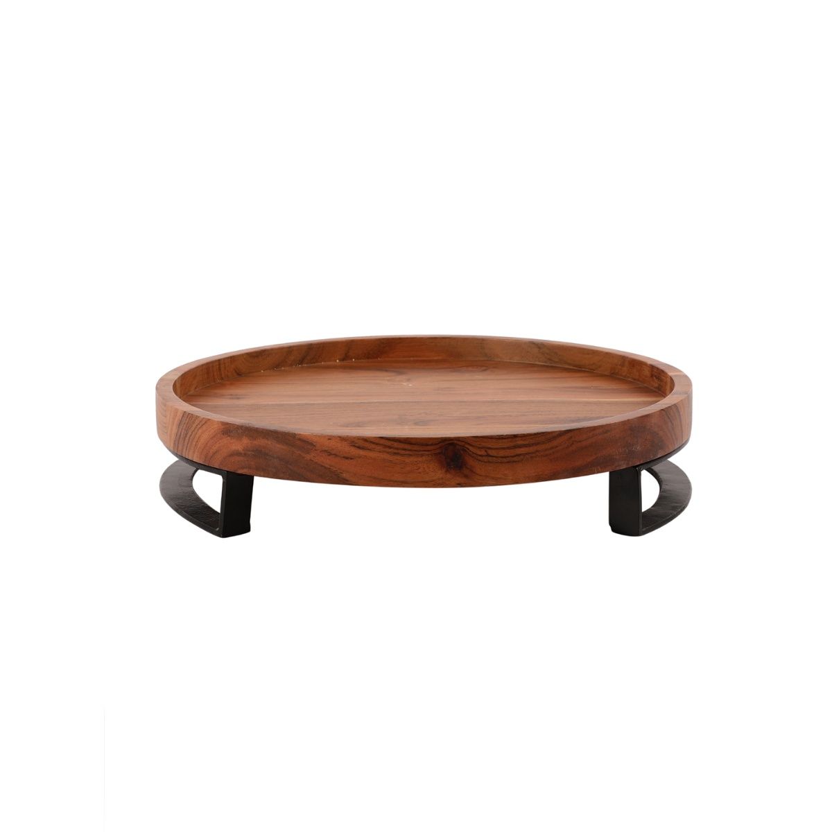 Vareesha Acacia Wood Inch Round Platter With Metal Stand From