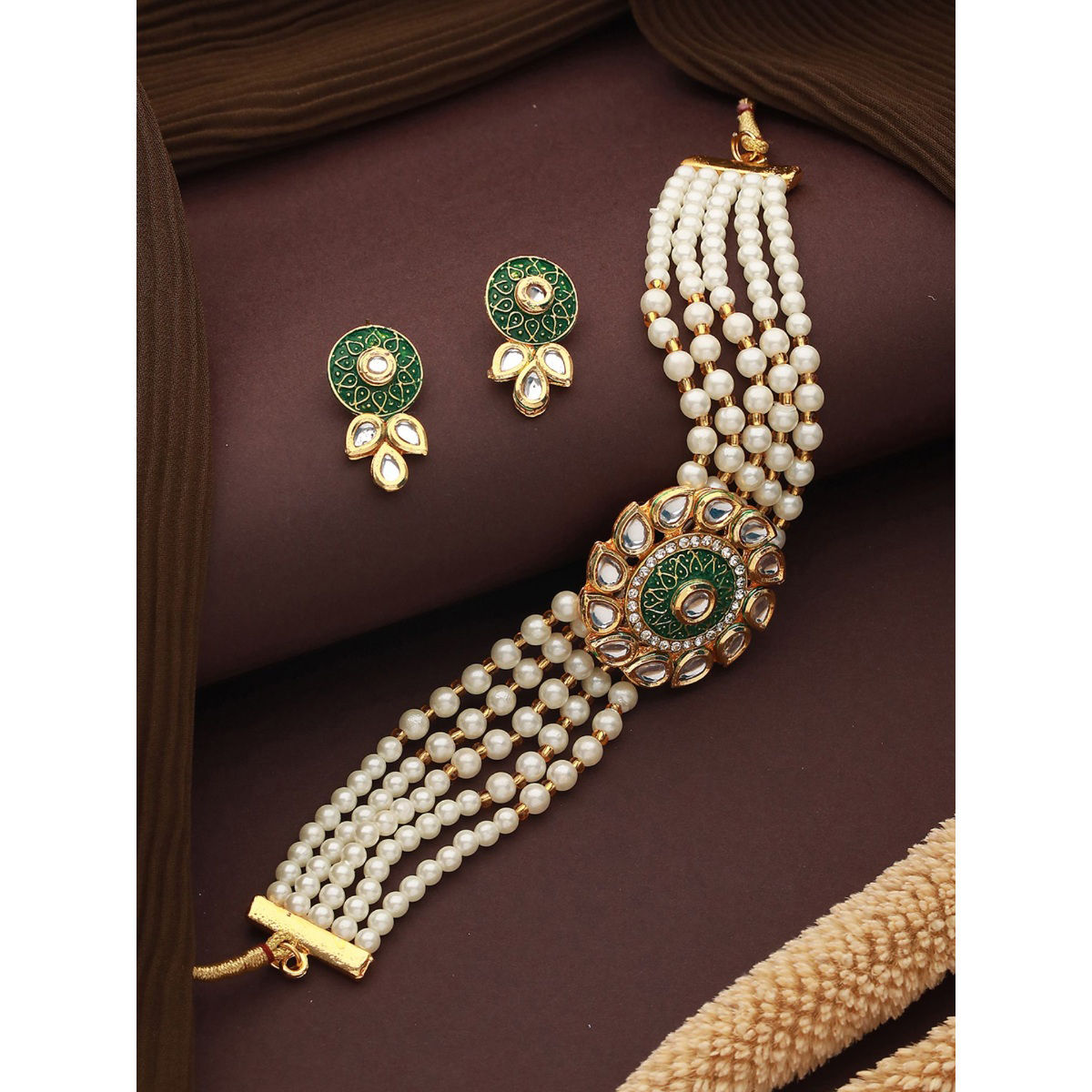 Buy Aatmana Gold Plated Green And White Kundan Studded Beaded Meenakari