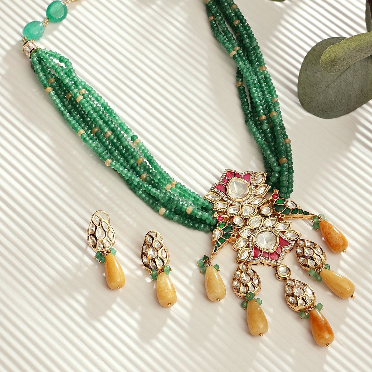 Joules By Radhika Classic Green Beaded Kundan Polki Long Necklace Set