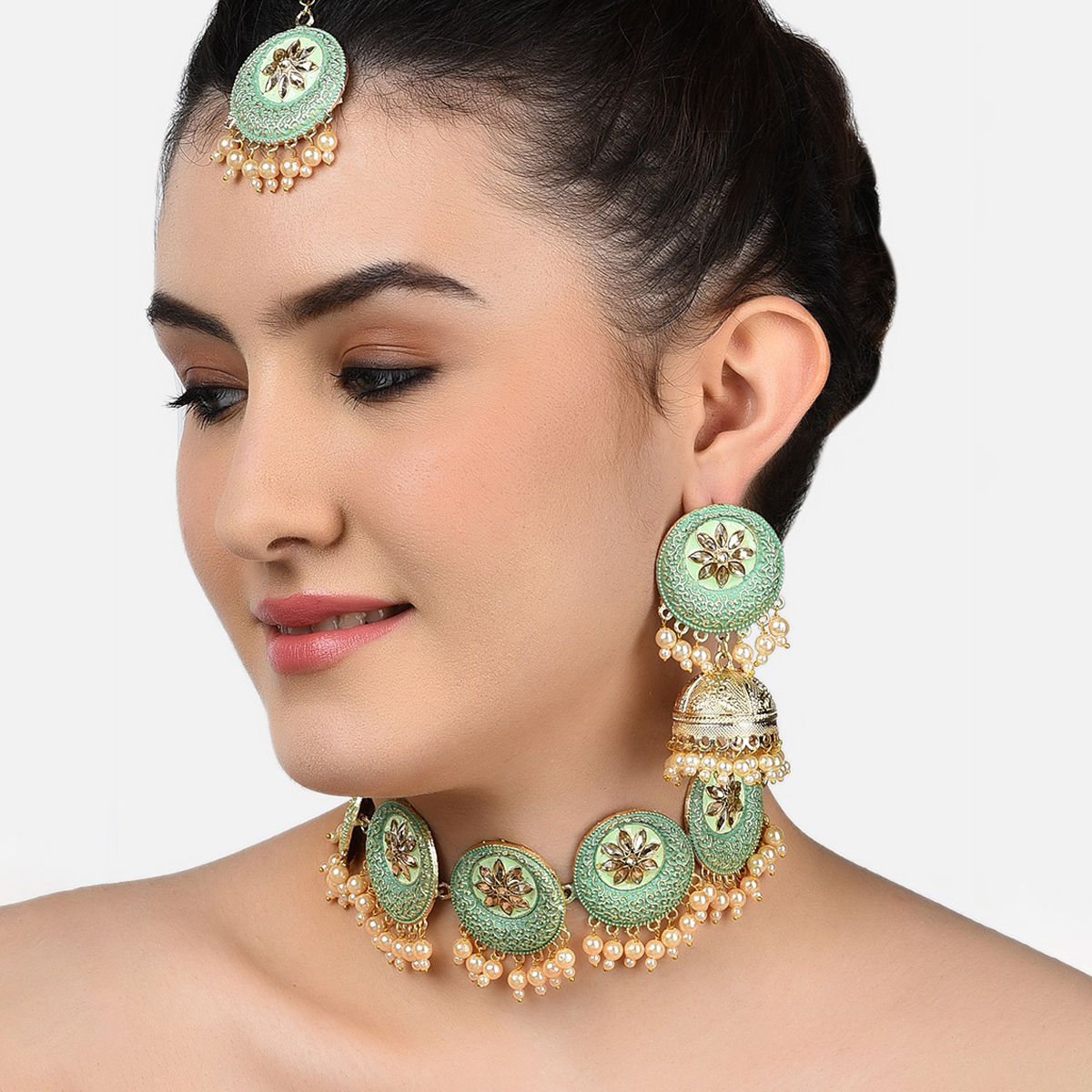 Buy Zaveri Pearls Enamelling Pastel Green Filigree Design Choker