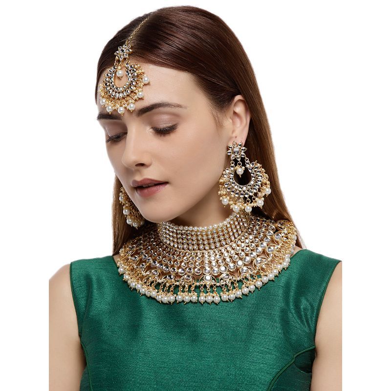 Zaveri Pearls Gold Tone Kundan Pearls Bridal Choker Necklace Earring