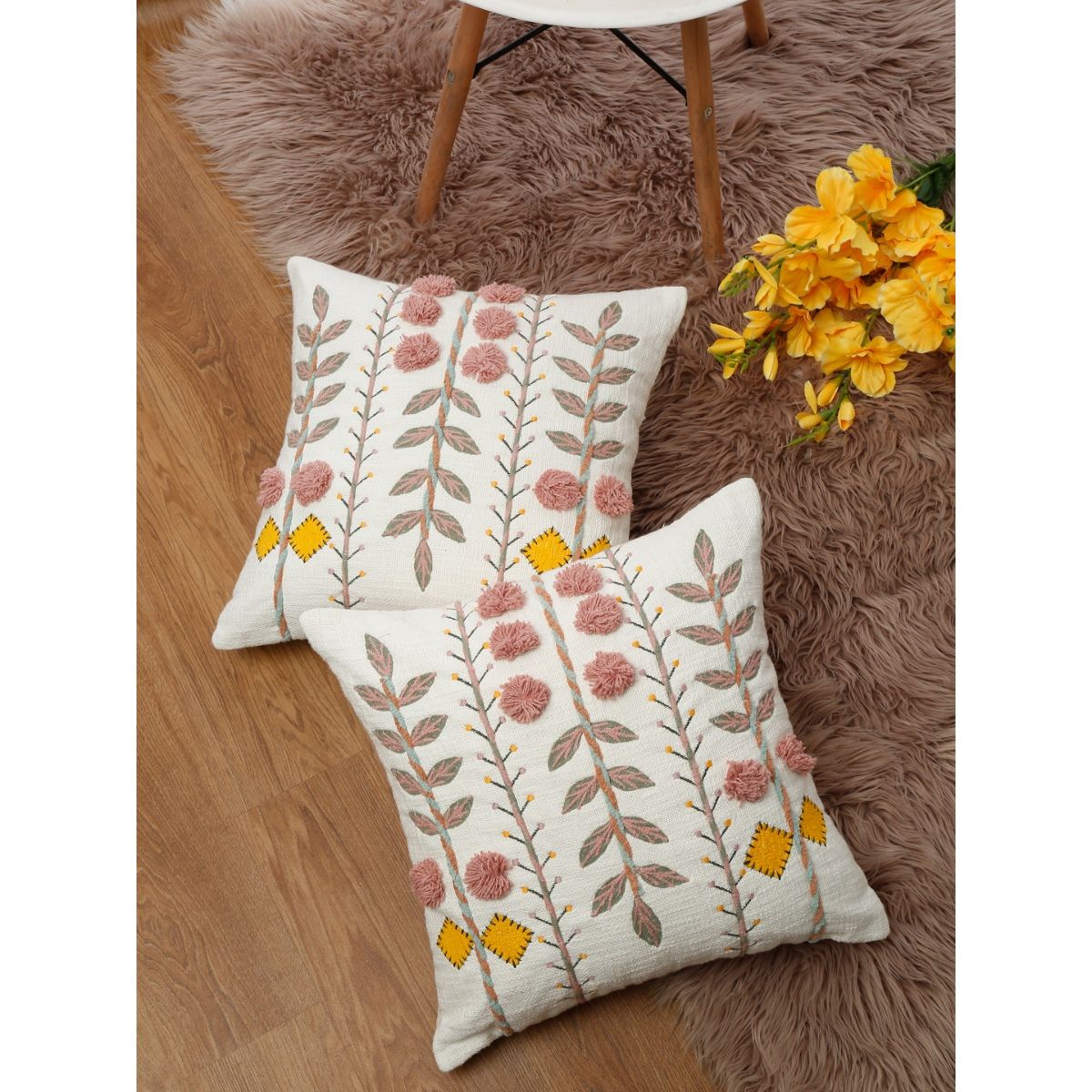 Buy Eyda Pink Color Embroidered Cotton Cushion Covers Set Of X