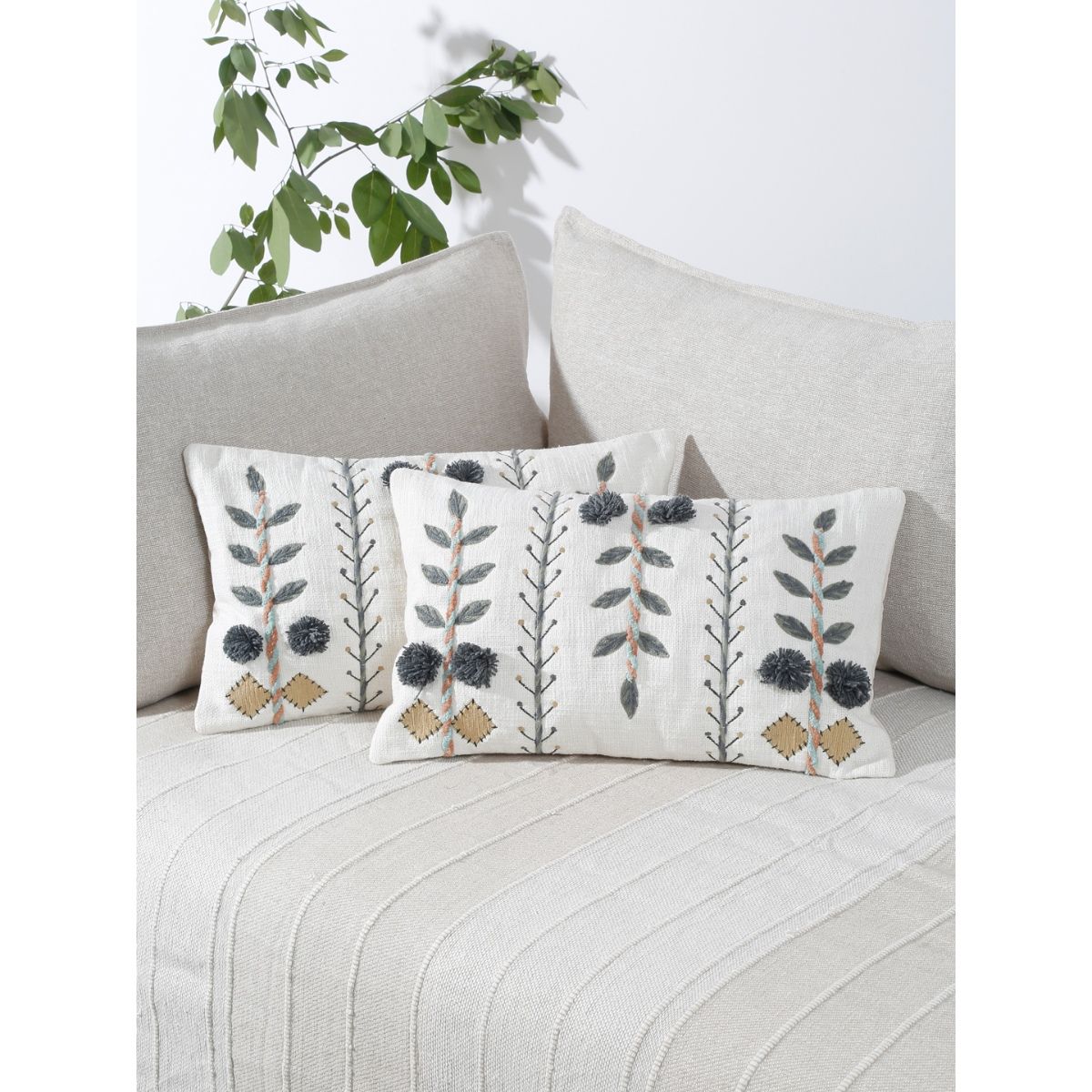 Buy Eyda Grey Color Embroidered Cotton Cushion Covers Set Of 2 12x20