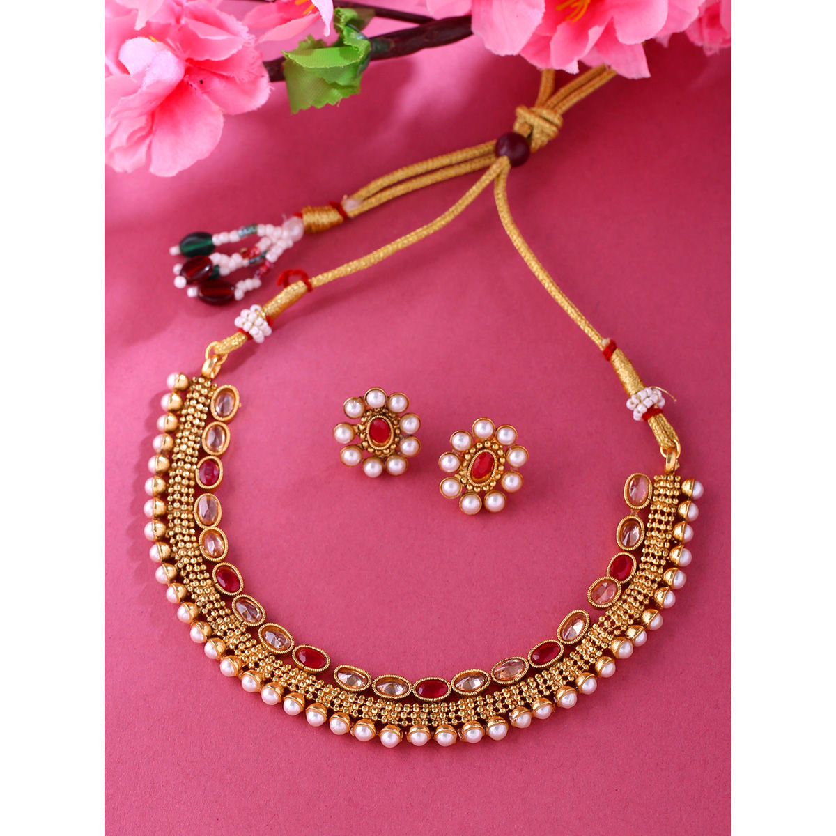 Buy Viraasi Gold Plated Red White Stone Pearl Studded Ethnic Choker