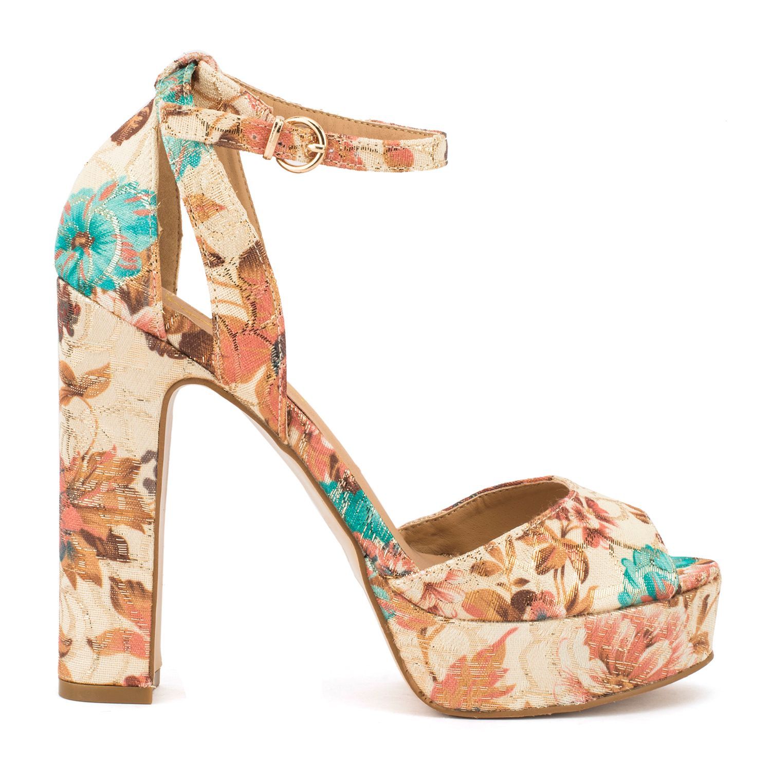 Buy Truffle Collection Nude Floral Print Platform Block Heel Sandals Online