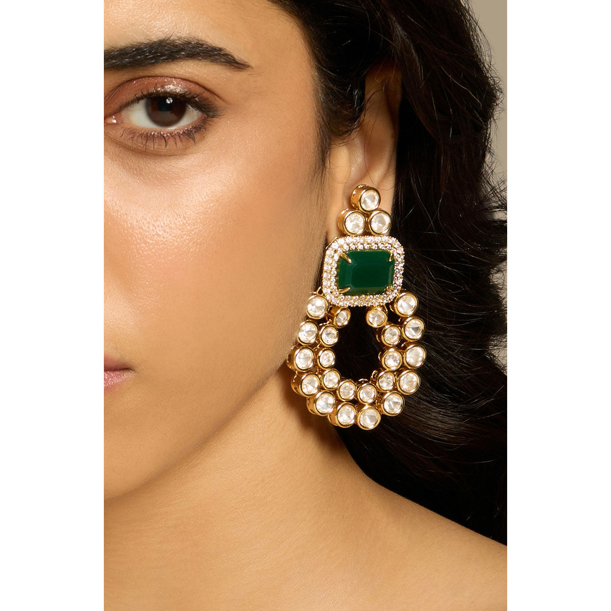 Buy Joules By Radhika Green Verdure Gleam Polki Stone Drop Earrings Online