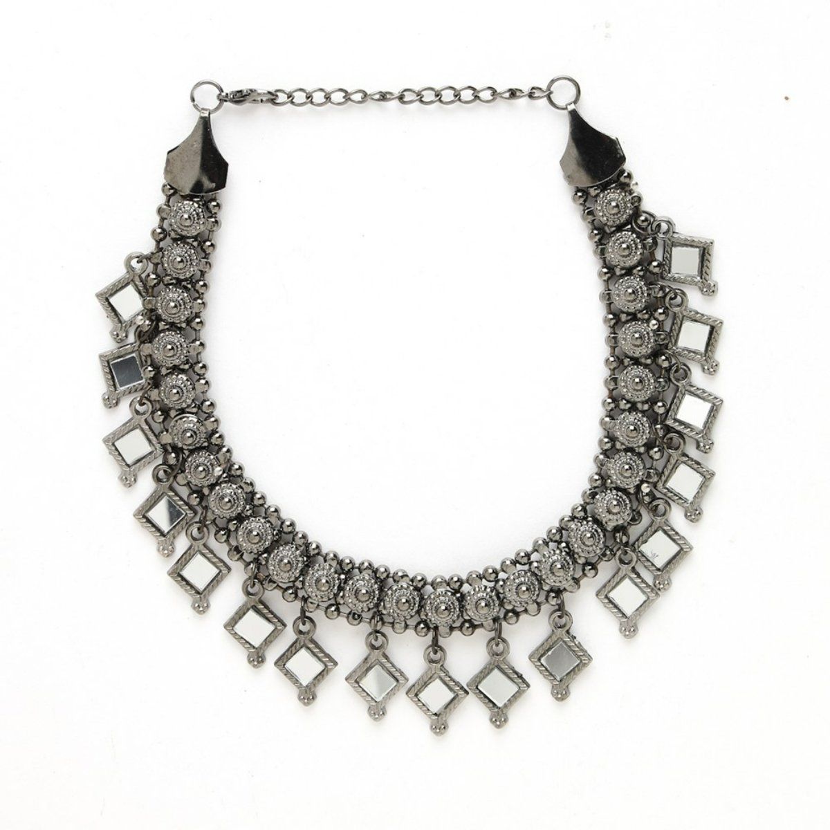 Buy Moedbuille Mirrors Studded Tribal Tassel Design Oxidised Silver