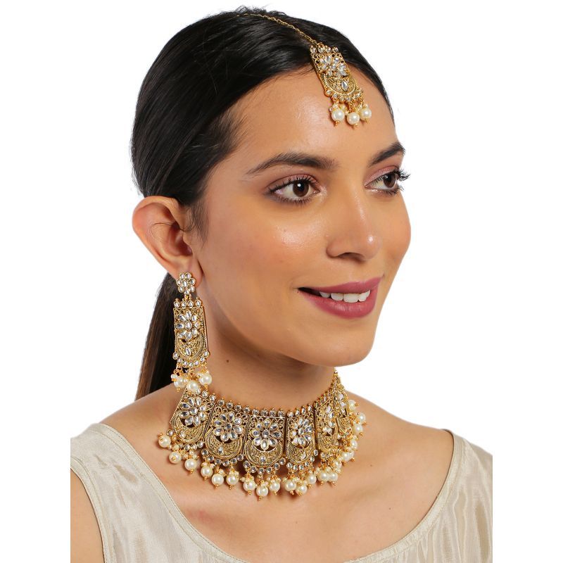 Buy Zaveri Pearls Antique Gold Tone Kundan Pearls Floral Necklace