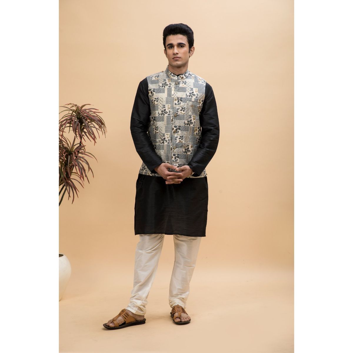 Buy NEUDIS Men Blue Jacquard Silk Blend Nehru Jacket Kurta Churidar