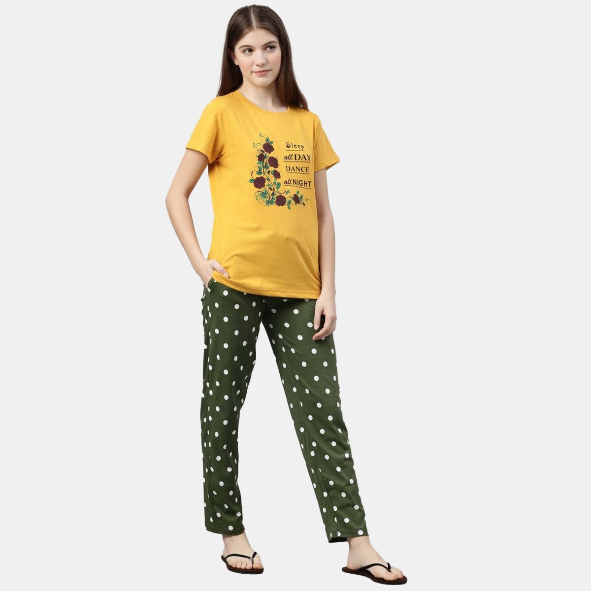 Kryptic Women Mustard Green Printed Pure Cotton Night Suit Set Of