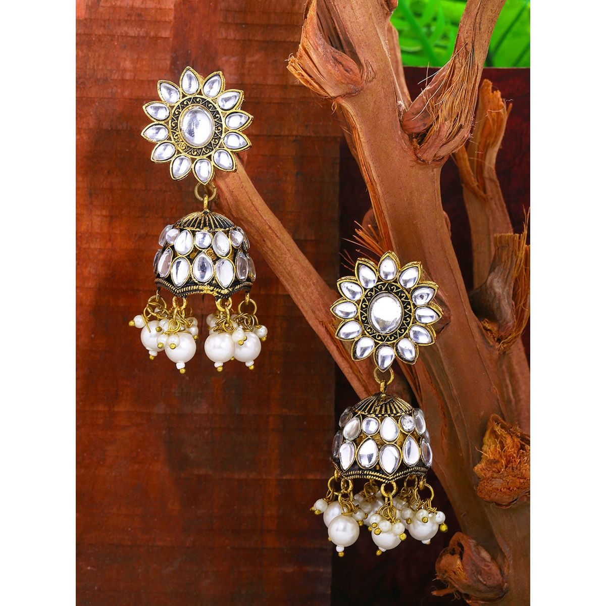 Buy Yellow Chimes Gold Toned Contemporary Oxidised Jhumkas Earrings Online