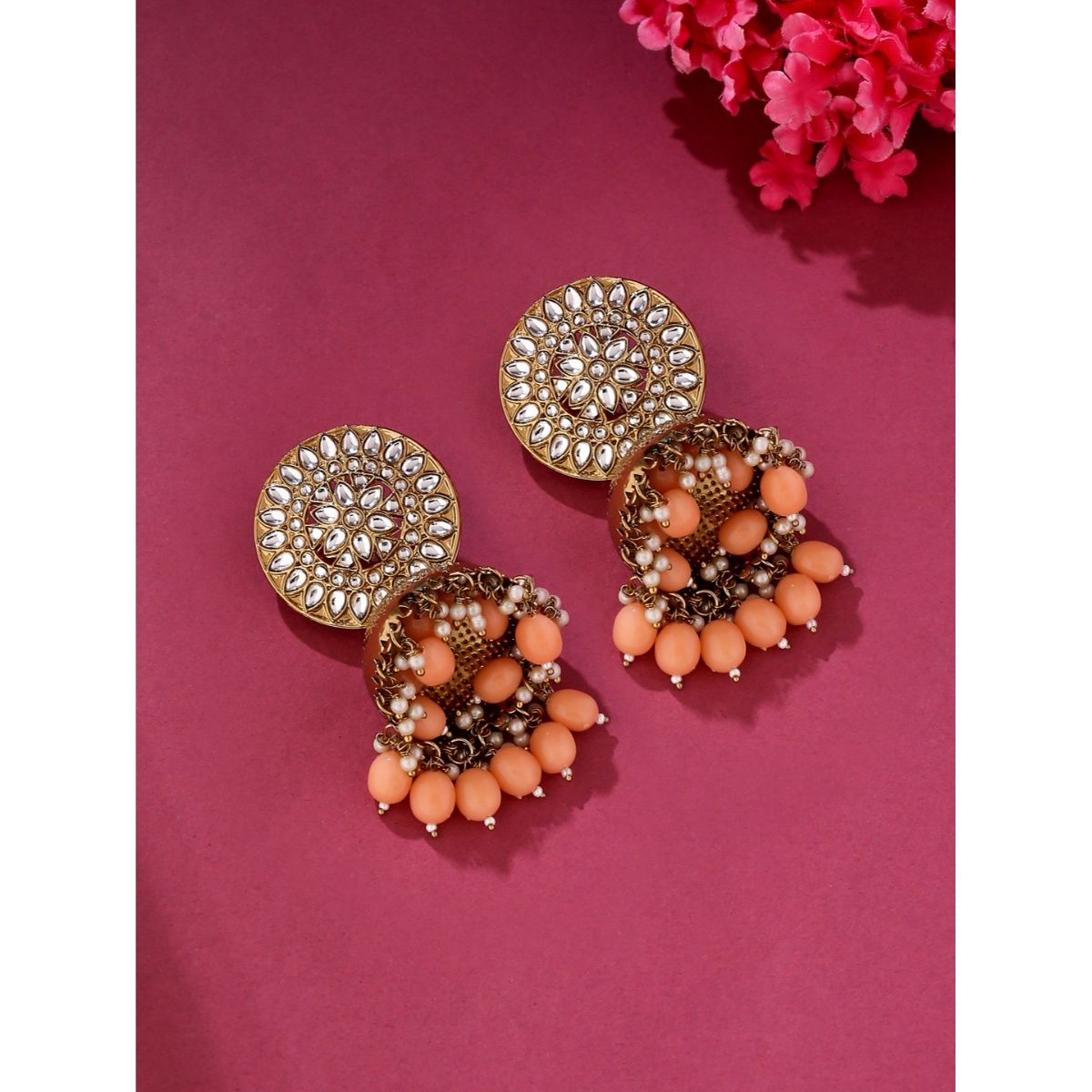 VIRAASI Gold Plated Pink Pearl Kundan Big Jhumka Earrings For Women And