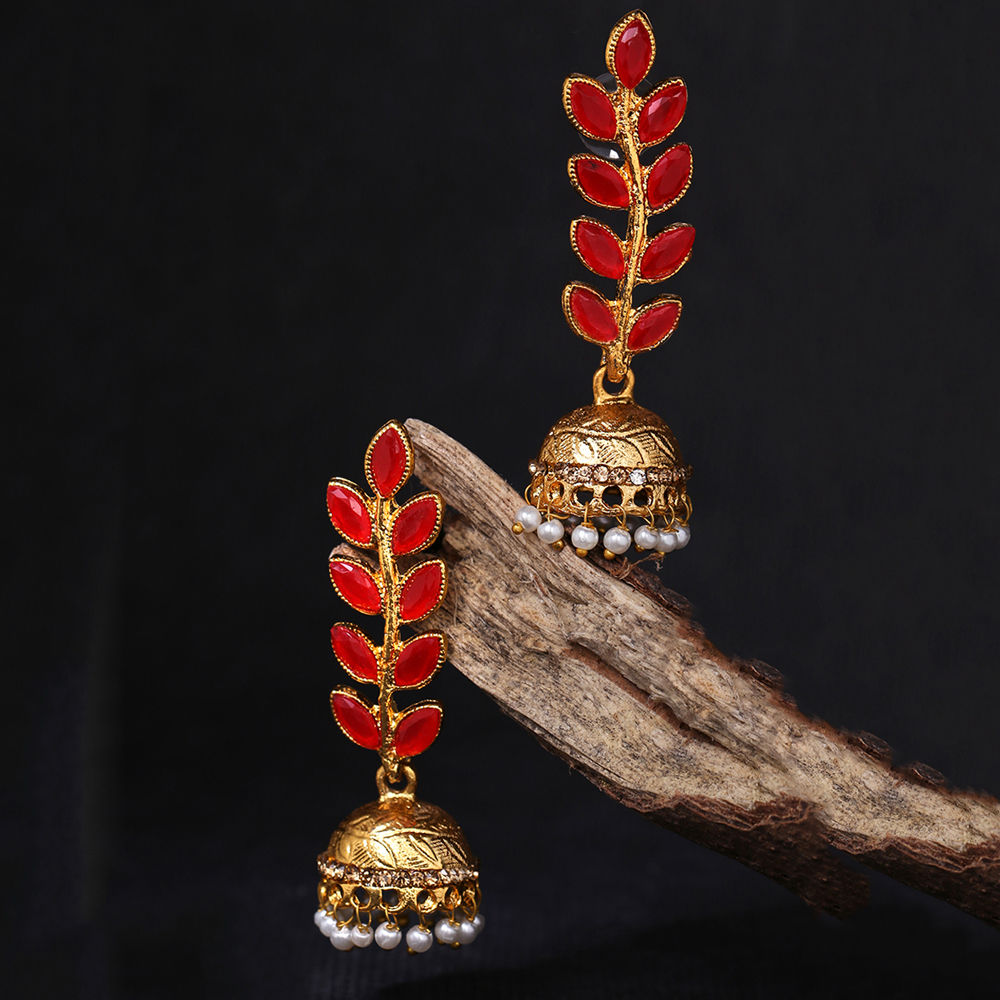 Yellow Chimes Gold Toned Red Handcrafted Leafy Dome Shaped Jhumka