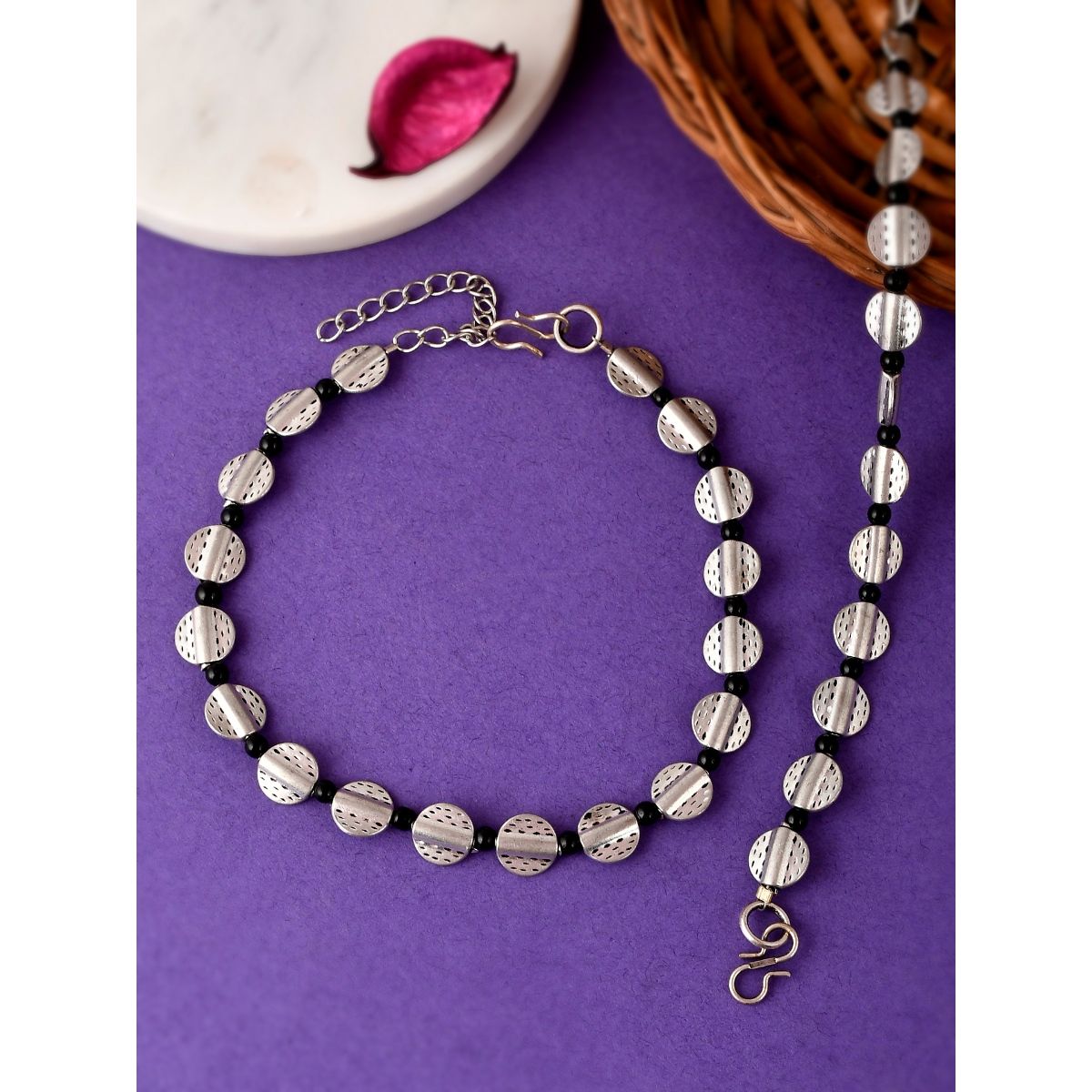 Silvermerc Designs Silver Plated Black Beaded Oxidised Chain Anklet