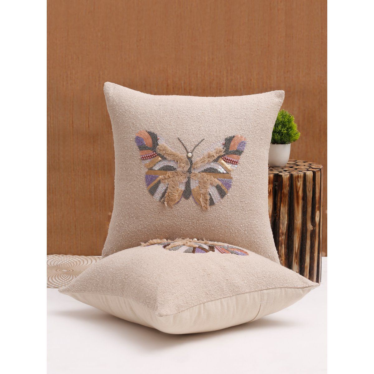 Buy Eyda Ivory Color Cotton Hand Work Cushion Cover Set Of 2 18x18