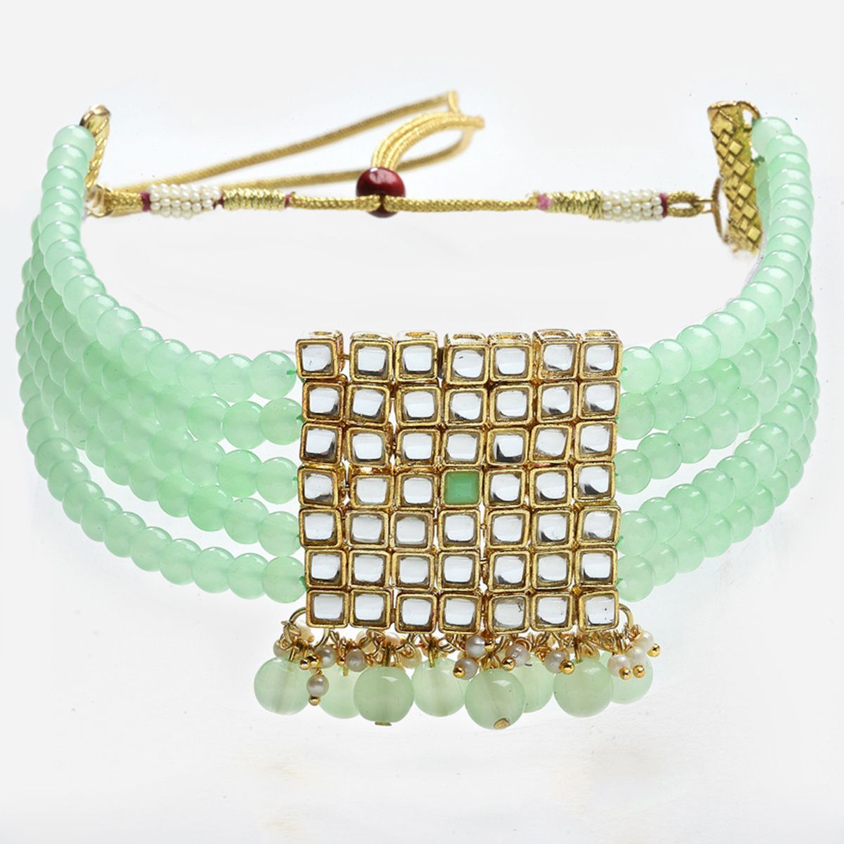 Karatcart Gold Plated Embellished Kundan And Mint Green Beads