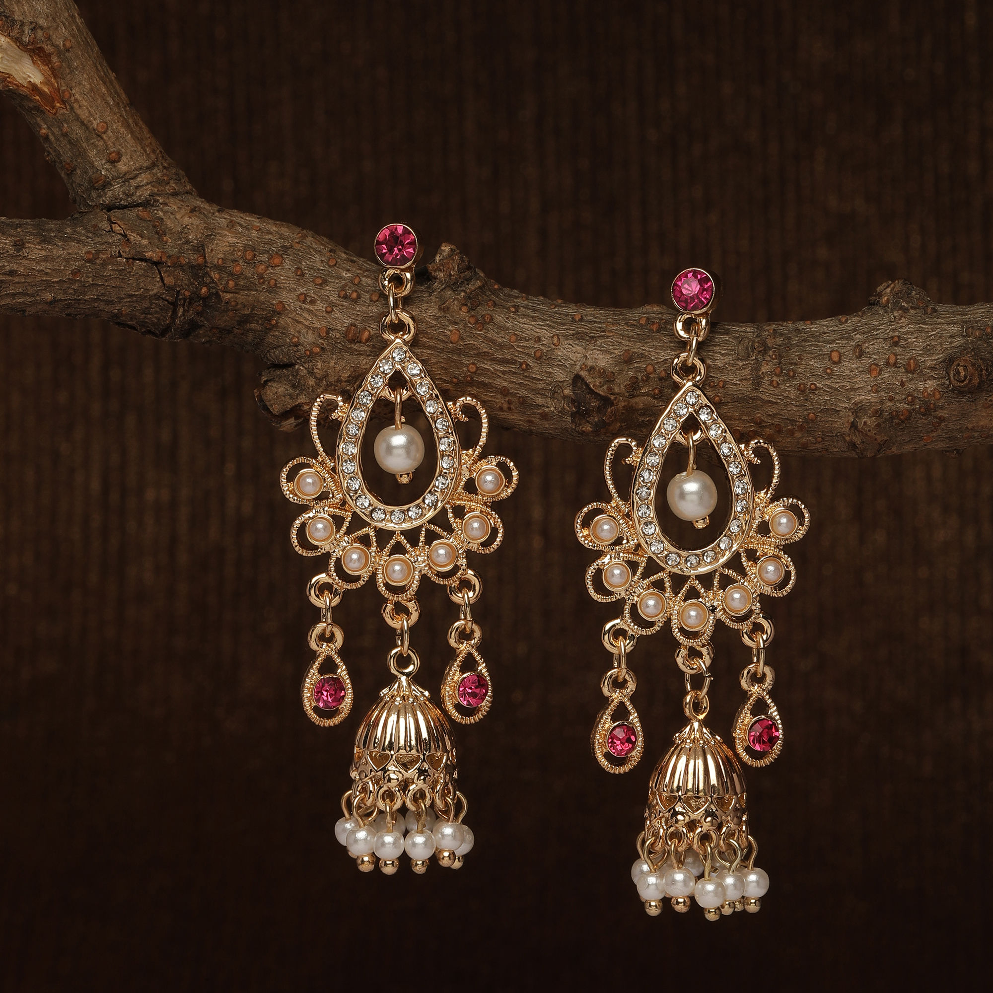 Buy Accessorize London Women S Pink Golden Long Drop Jhumkas Earring Online