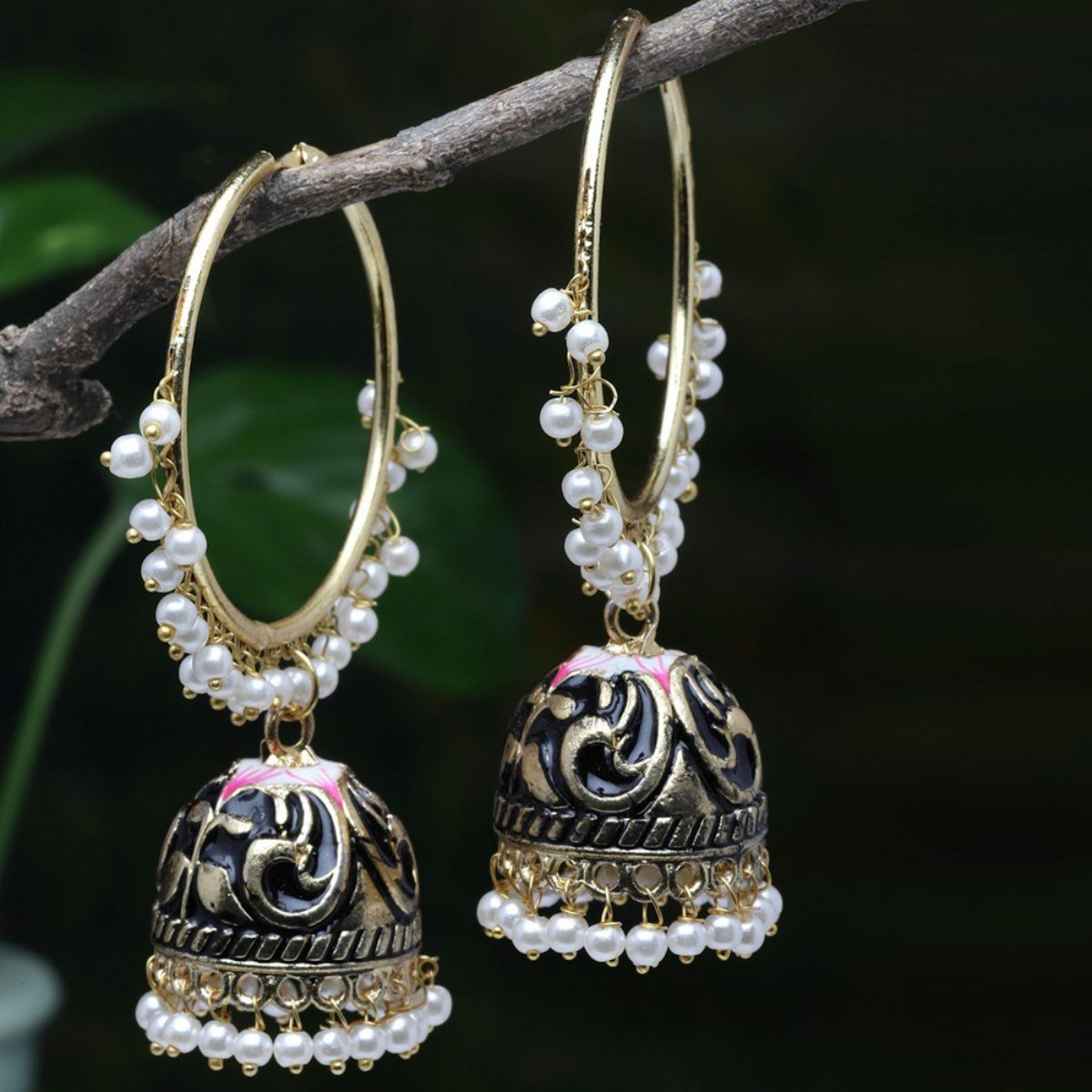 Buy Moedbuille Pearls Studded Handpainted Black Meenakari Work Gold