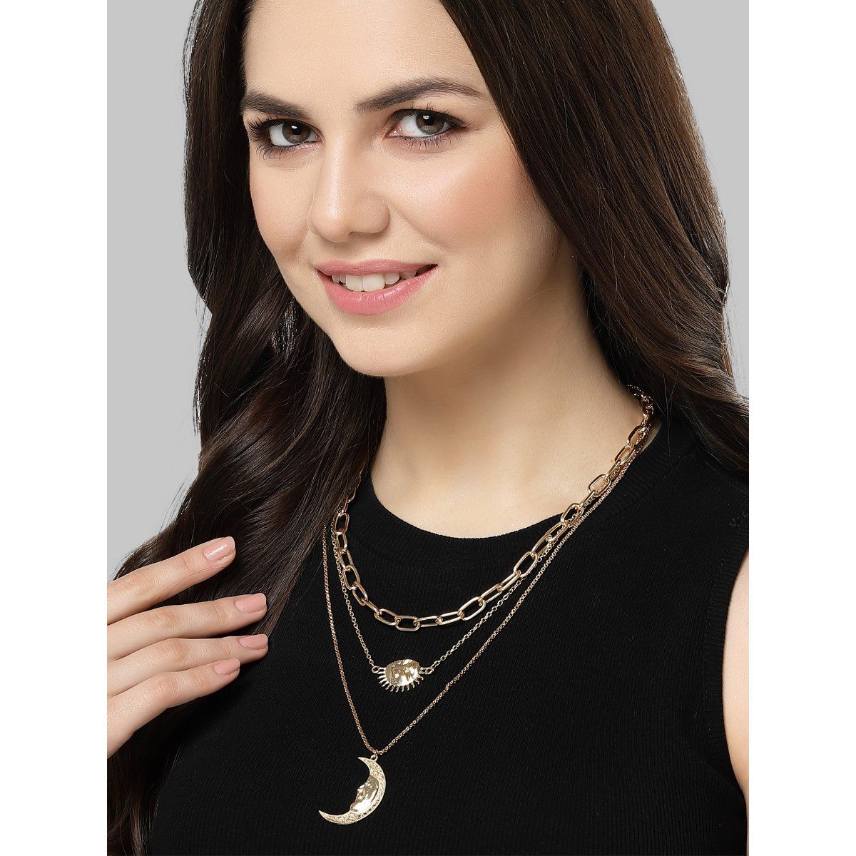 Buy Karatcart Gold Plated Half Sun And Moon Charm Multilayered Chain