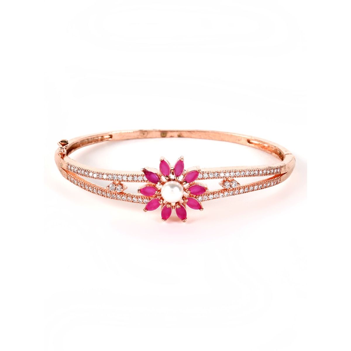 Jazz And Sizzle Rose Gold Plated American Diamond Ruby Studded Floral