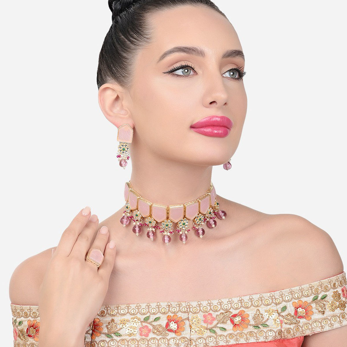 Buy Zaveri Pearls Pink Green Stones Beads Kundan Necklace Earring