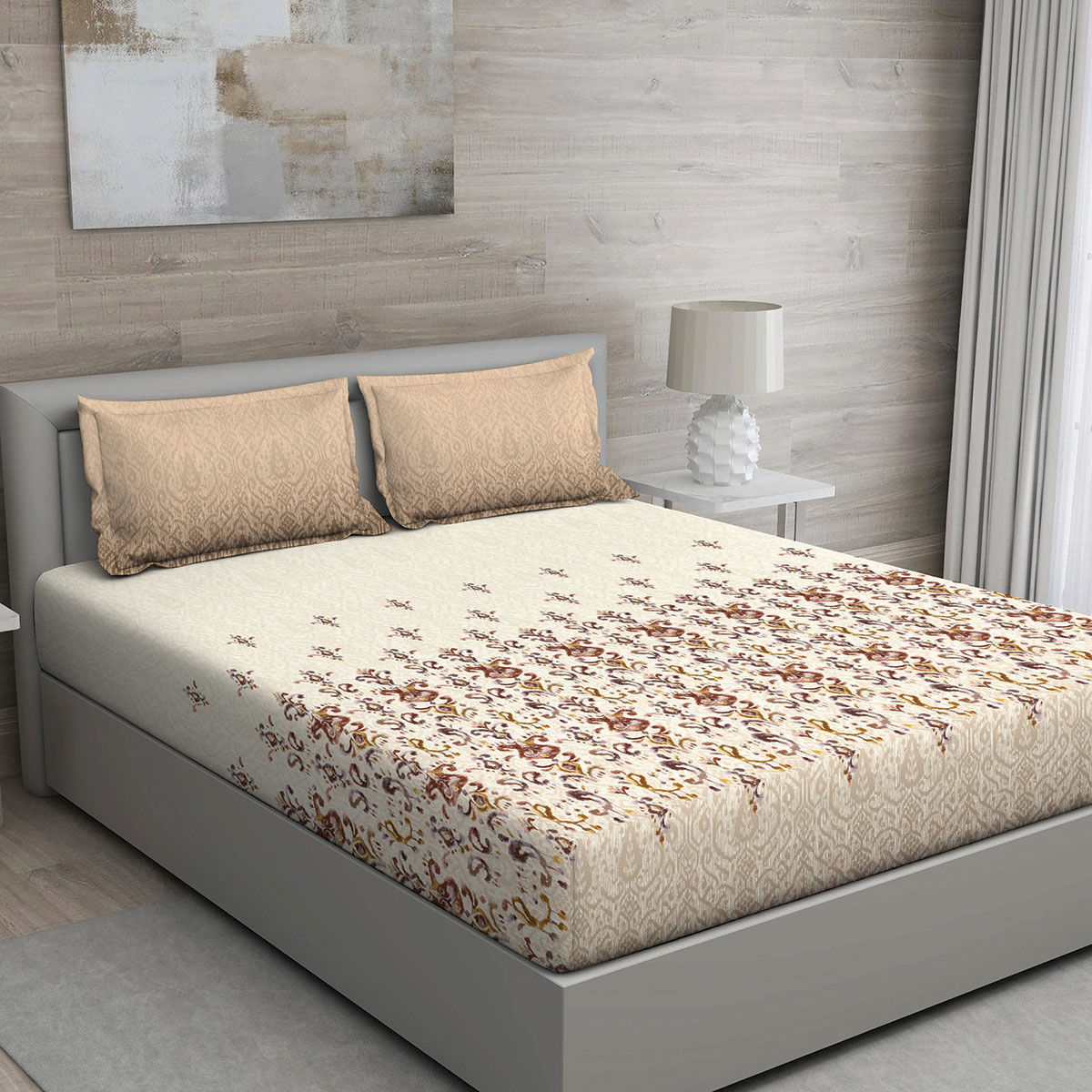 Gm Beige And Brown Ornamental Tc Cotton Queen Bedsheet With