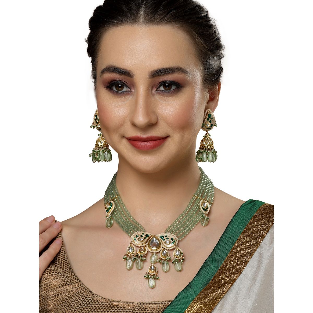 Dugran By Dugristyle Green And Cream Jhumkas Earring With Kundan And