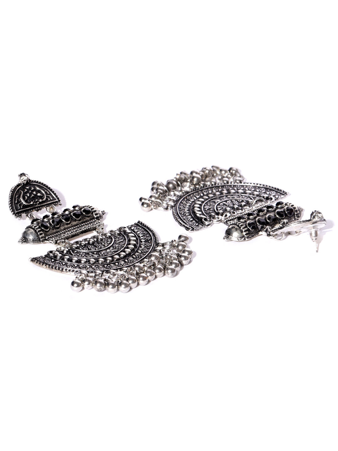 Infuzze Oxidised Silver Toned Black Stone Studded Crescent Shaped