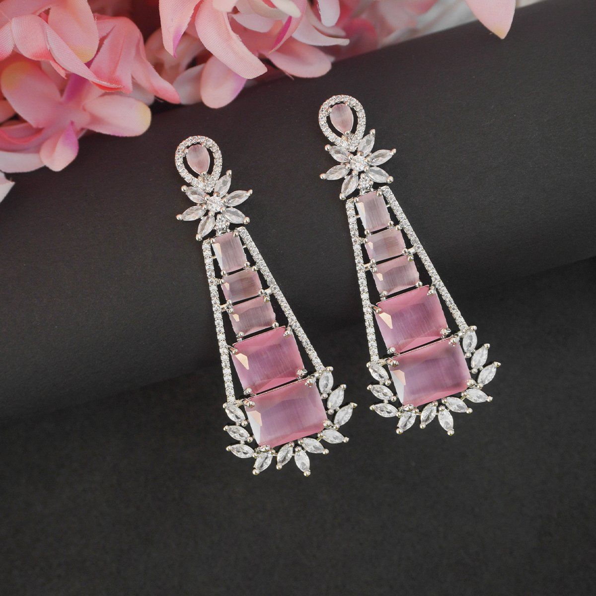 Buy Niscka Pink Crystal Chandelier American Diamond Earrings Online